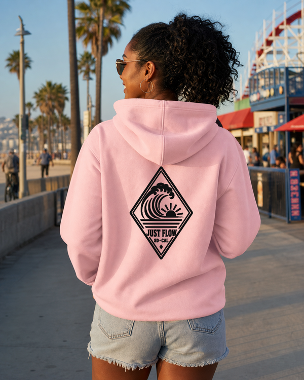 Vertical Wave Diamond DTF hoodie in Light Pink with the black mark, back graphic, Southern California boardwalk