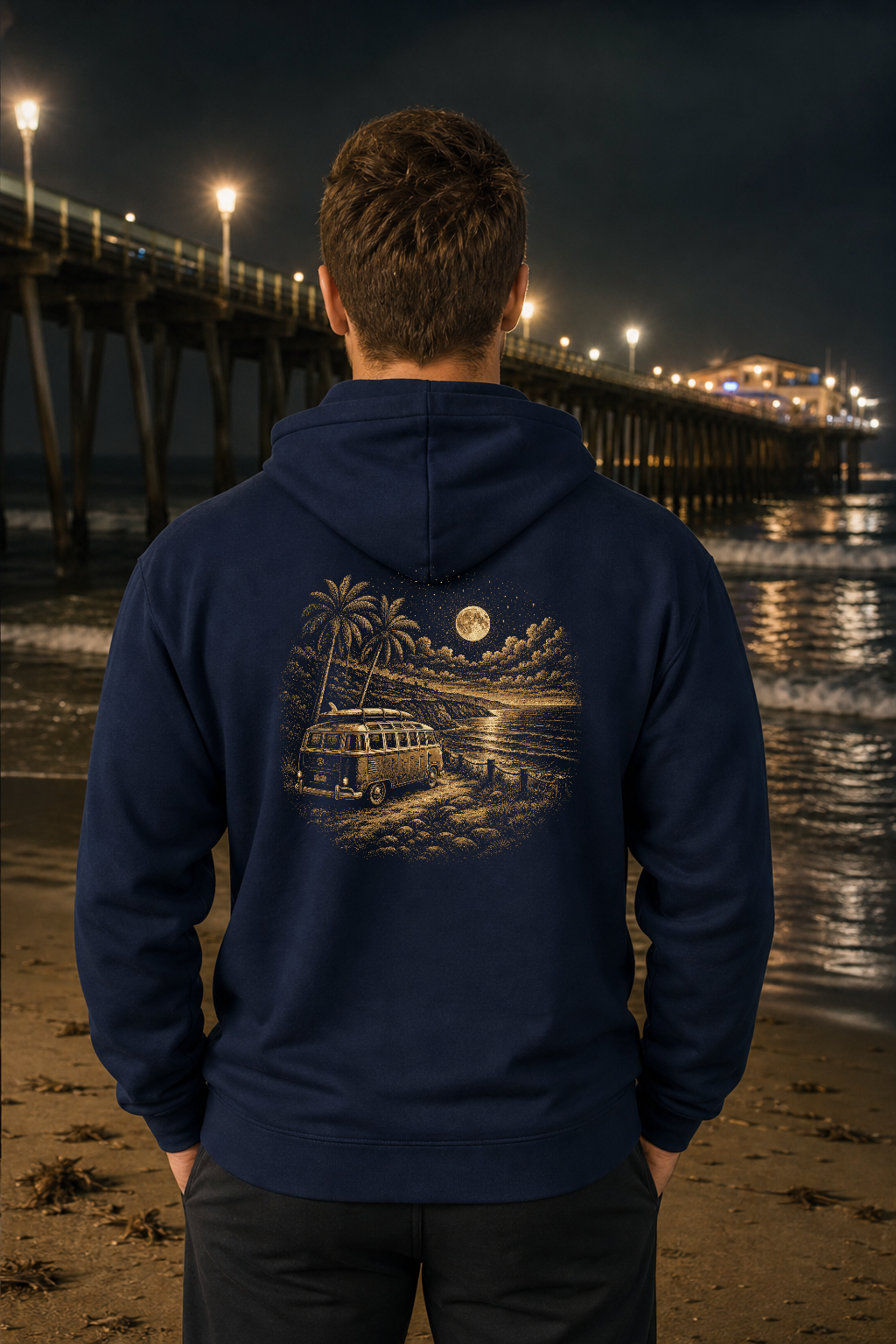 After Dark Bus hoodie, gold scene, pier at night