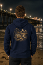 After Dark Bus hoodie, gold scene, pier at night
