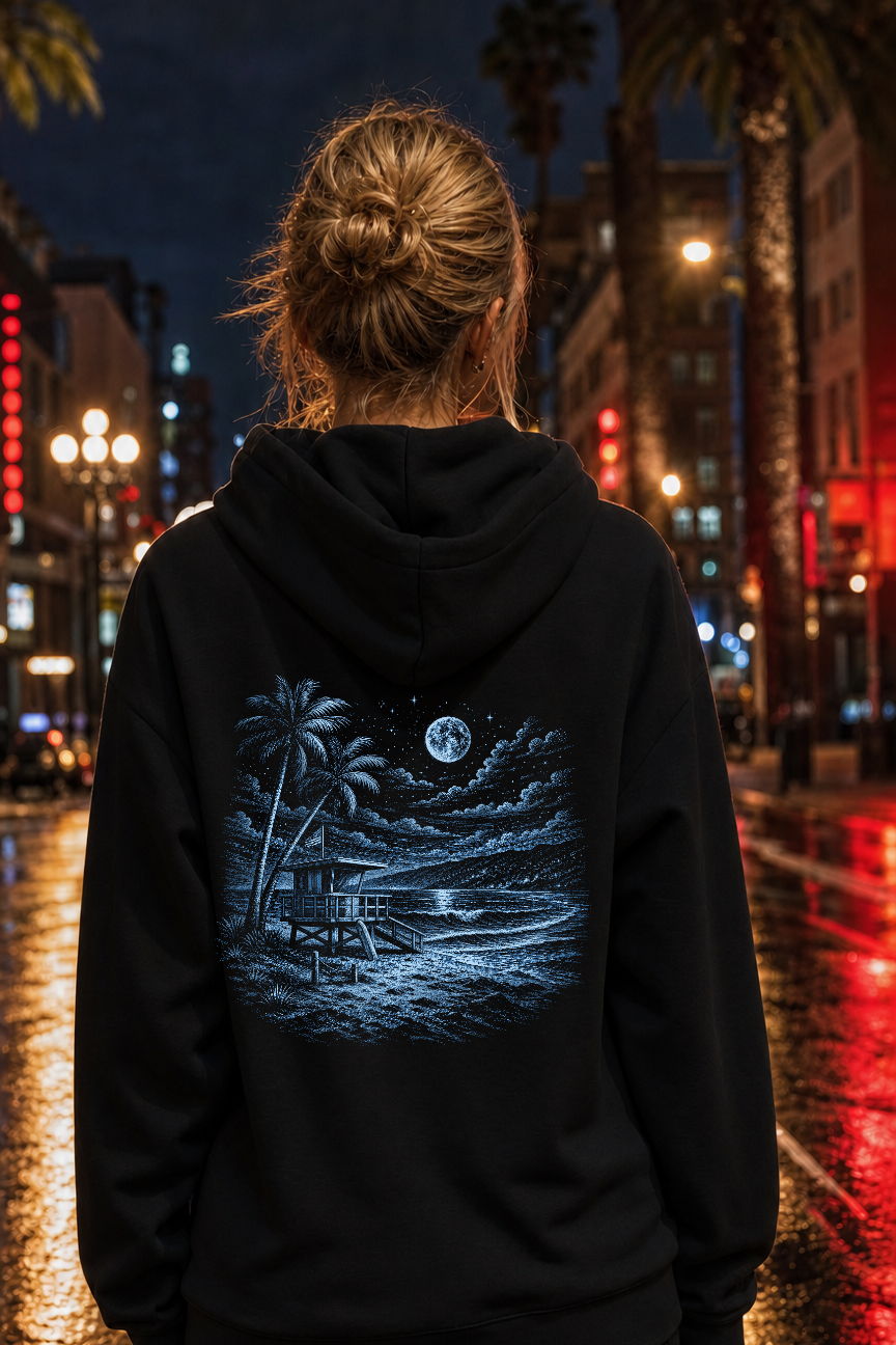 After Dark Lifeguard hoodie lifestyle hero, Southern California night street