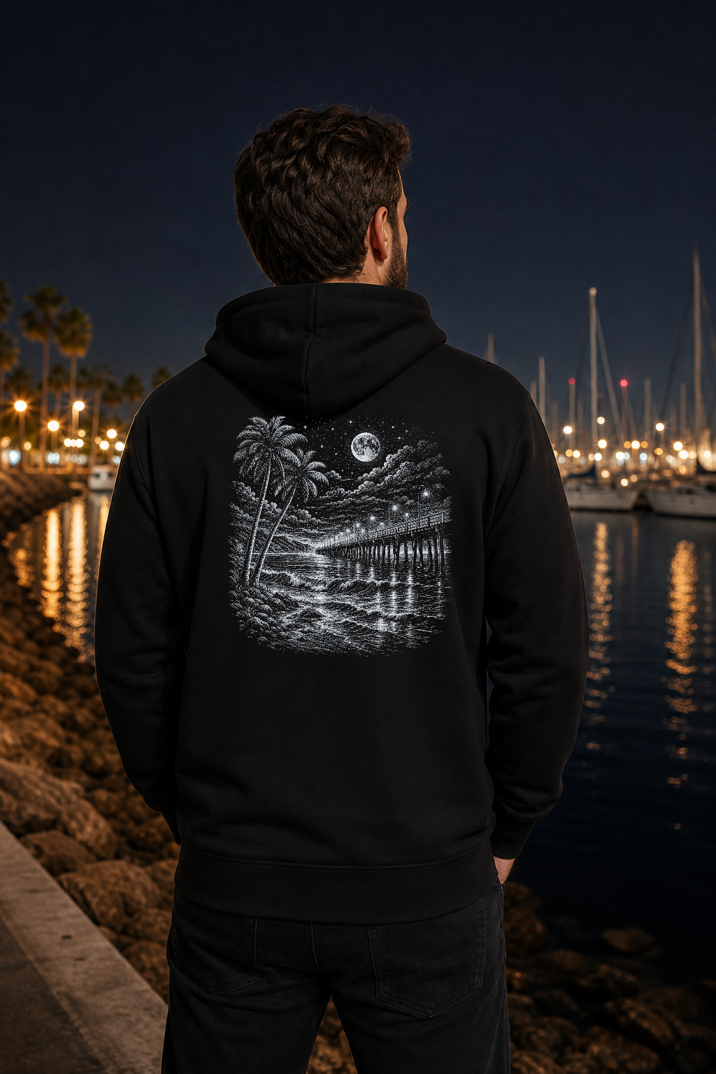 After Dark Pier hoodie, silver scene lifestyle