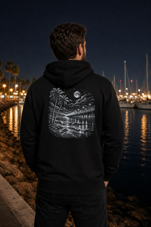 After Dark Pier hoodie, silver scene lifestyle