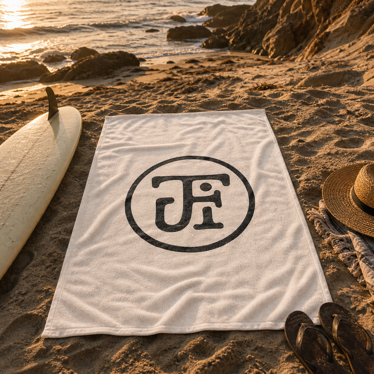 Monogram beach towel on the sand at Windansea cove