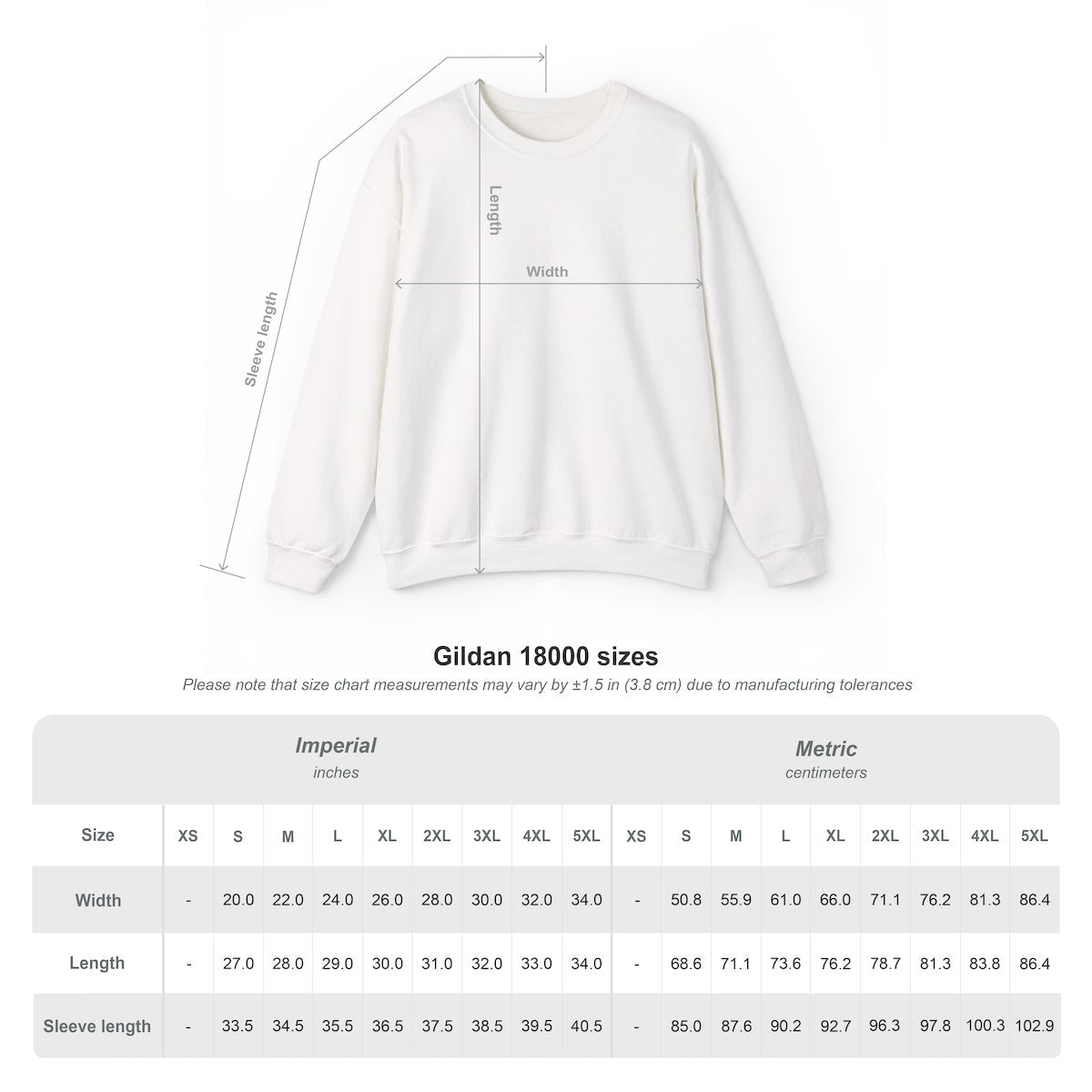 Gildan 18000 crew size chart