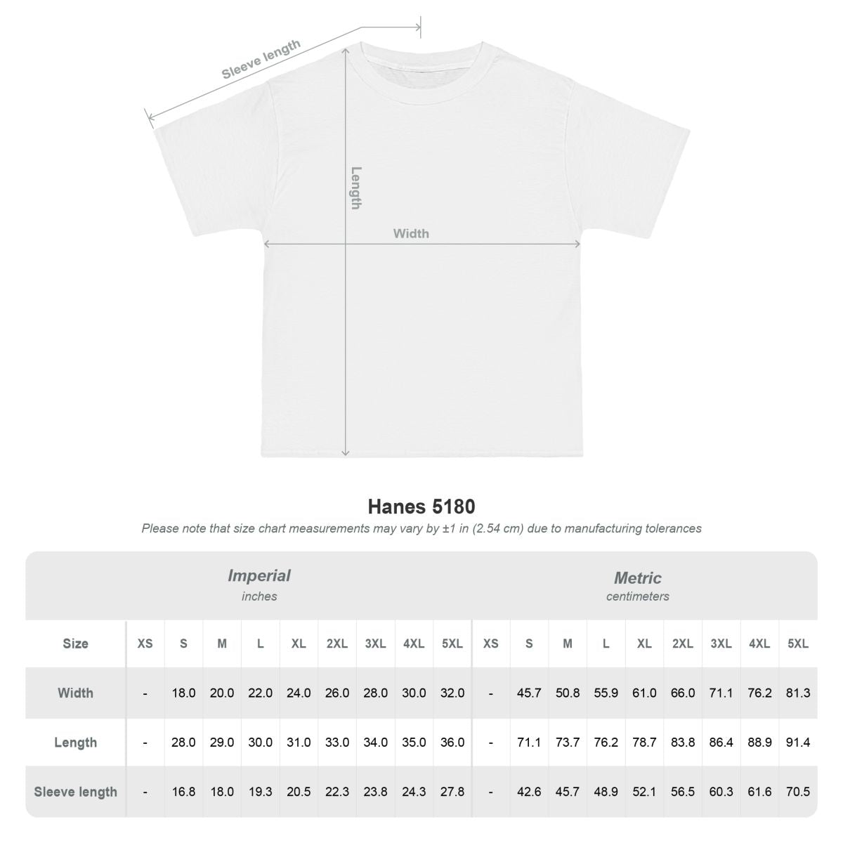 Heavyweight tee size chart