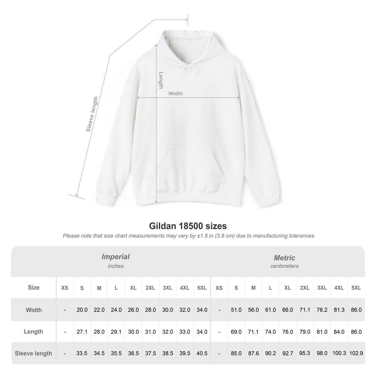 Gildan 18500 hoodie size chart