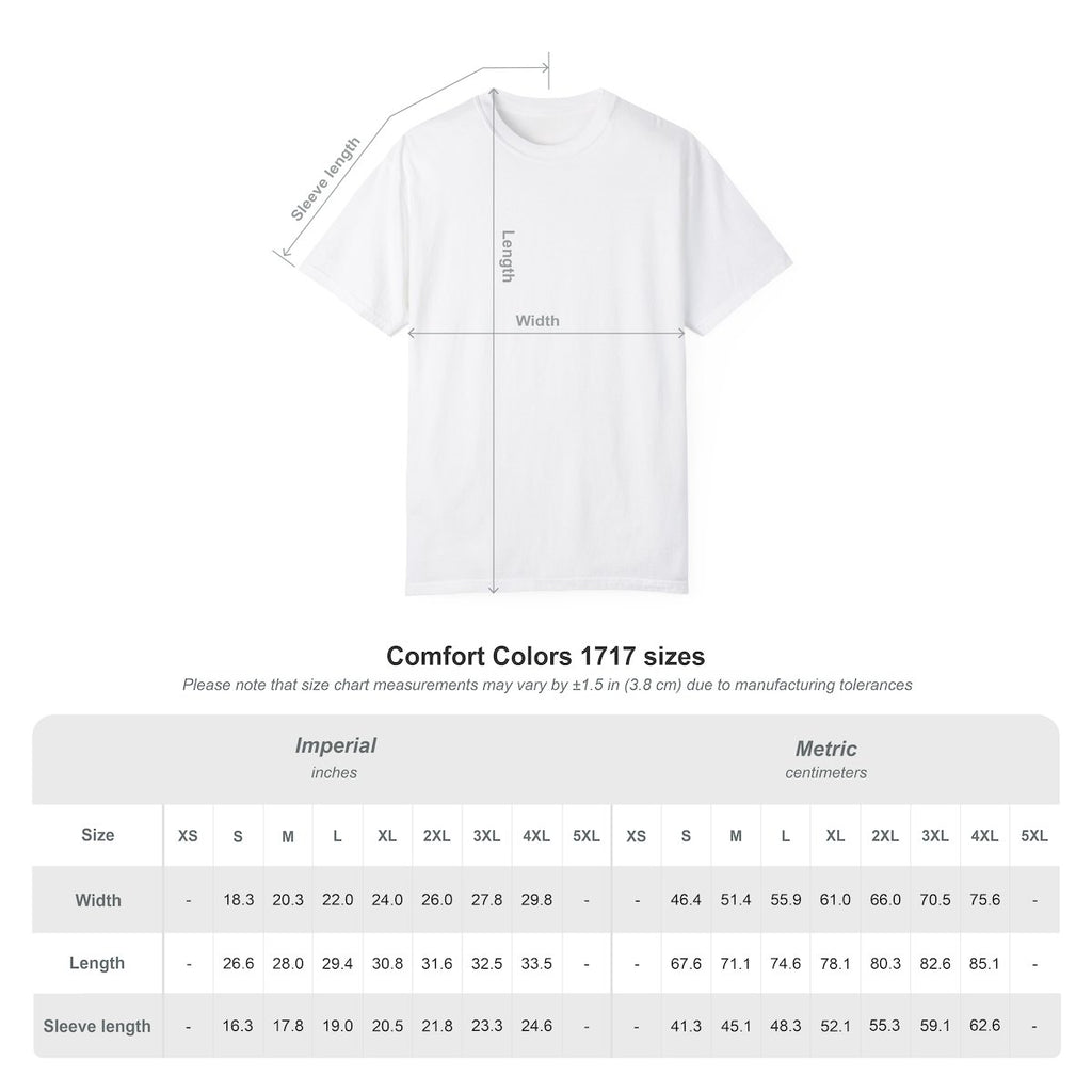 Comfort Colors washed tee size chart