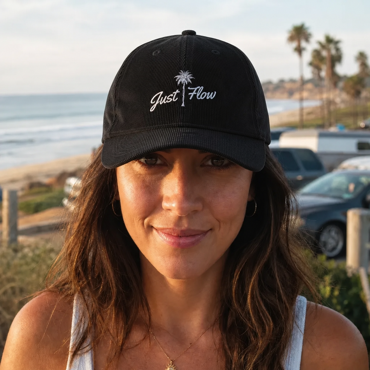 Corduroy palm cap lifestyle hero, Southern California beach