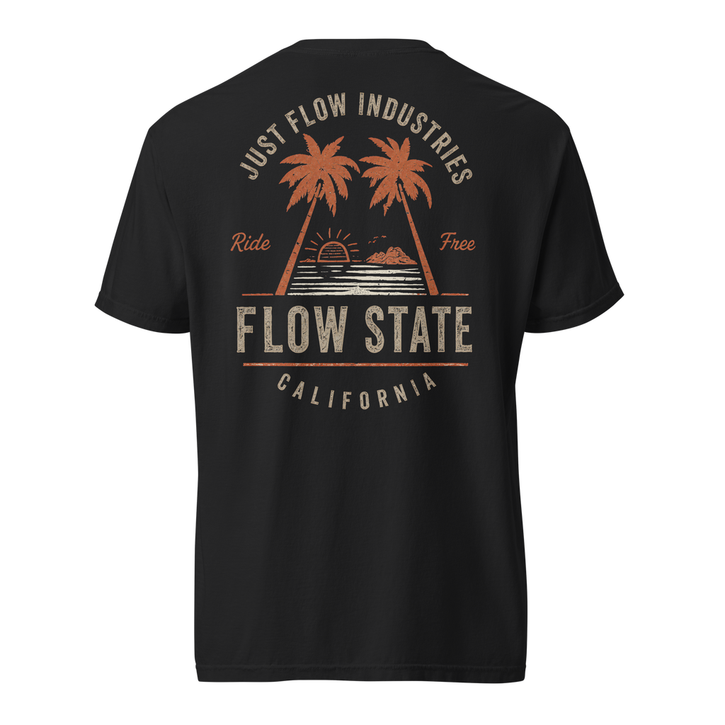 Flow State heavyweight tee, black, back — Just Flow Industries Flow State California print