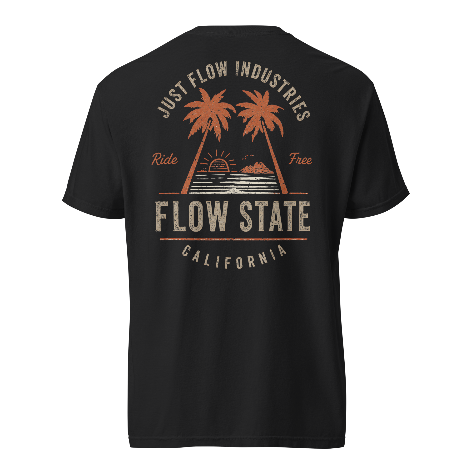 Flow State heavyweight tee, black, back — Just Flow Industries Flow State California print