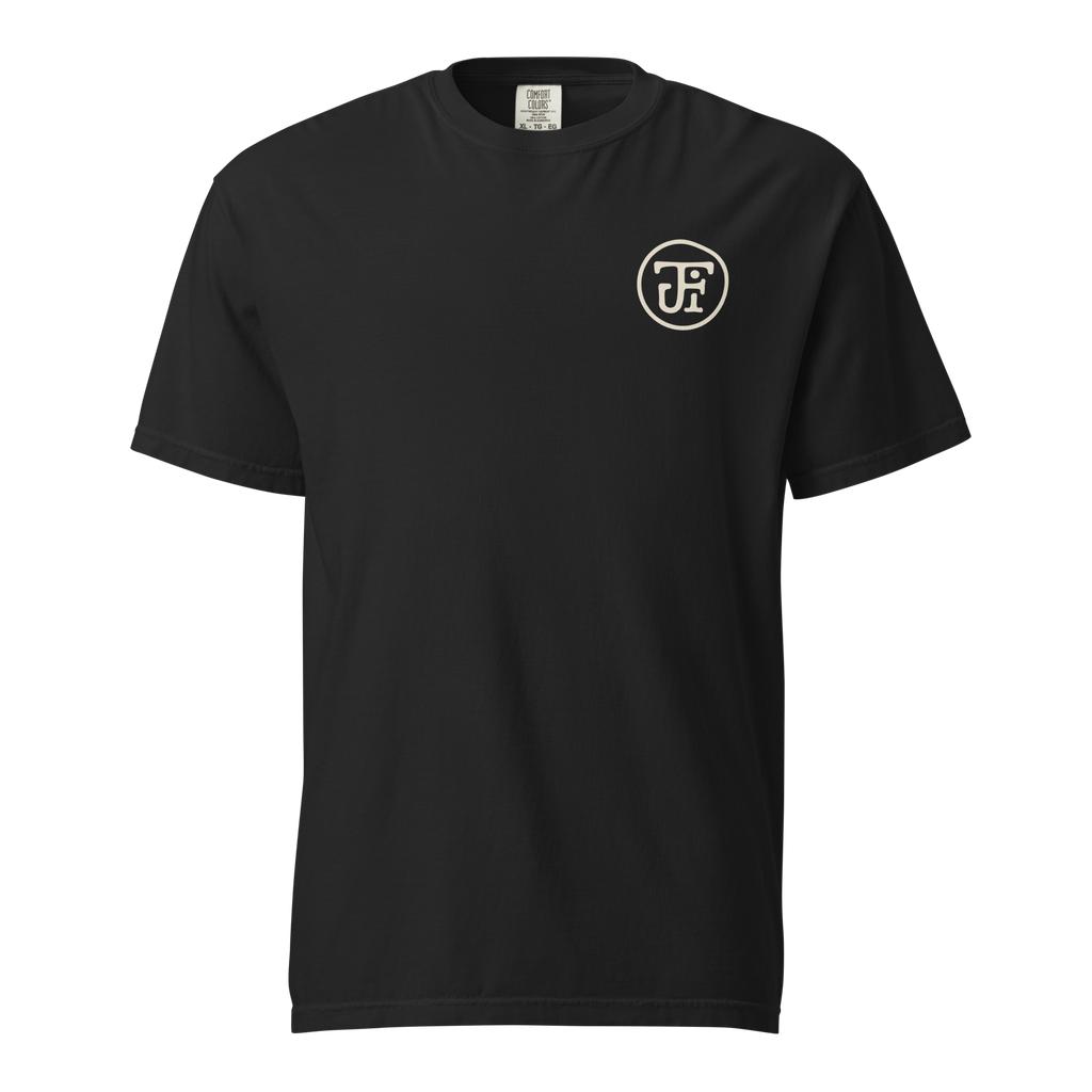 Flow State heavyweight tee, black, front — JF monogram chest mark