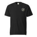Flow State heavyweight tee, black, front — JF monogram chest mark