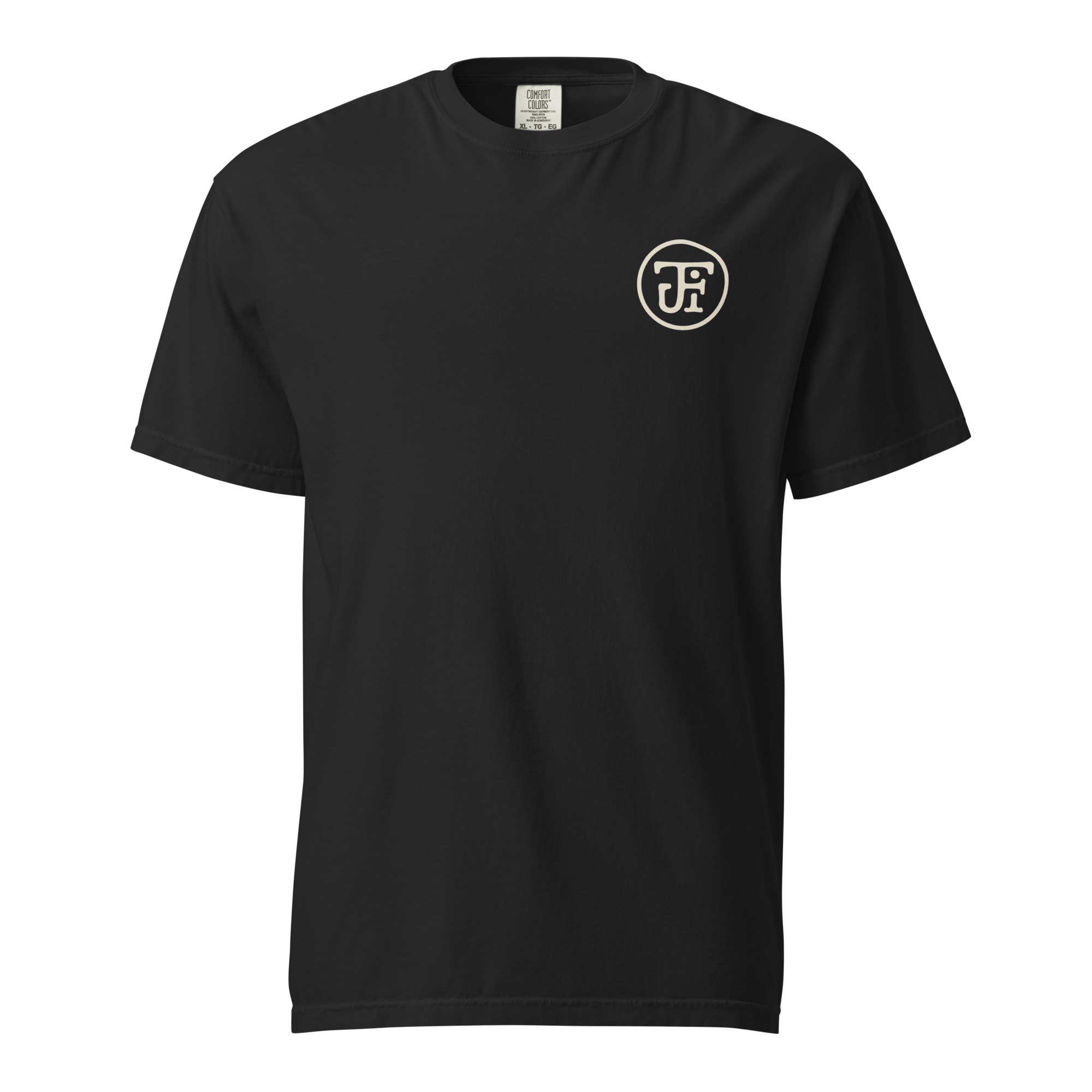Flow State heavyweight tee, black, front — JF monogram chest mark