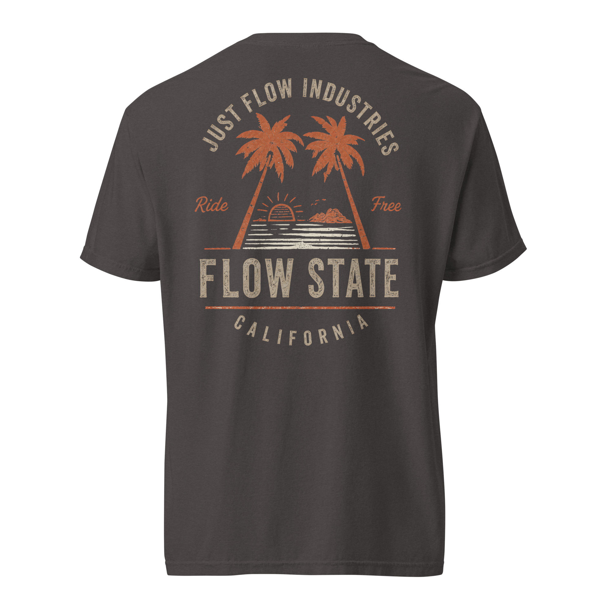 Flow State heavyweight tee, graphite, back — Flow State California print