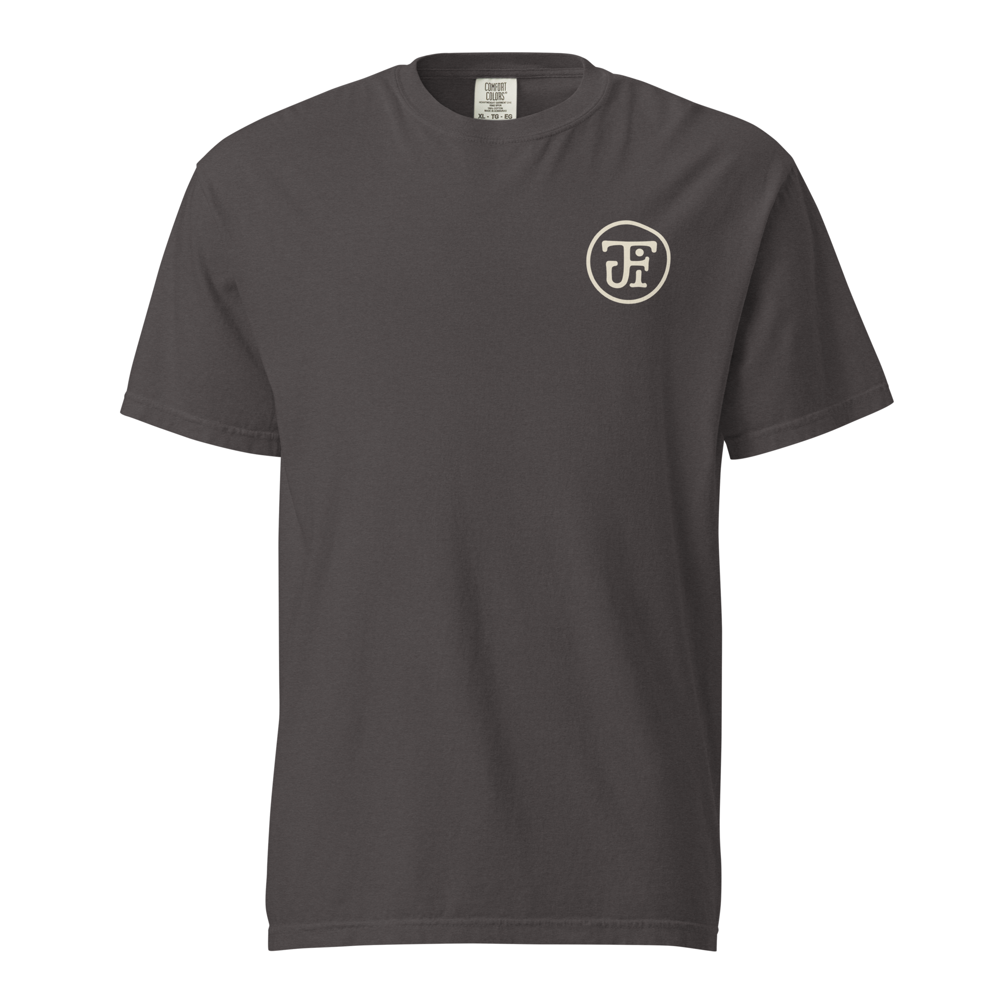 Flow State heavyweight tee, graphite, front — JF monogram chest mark