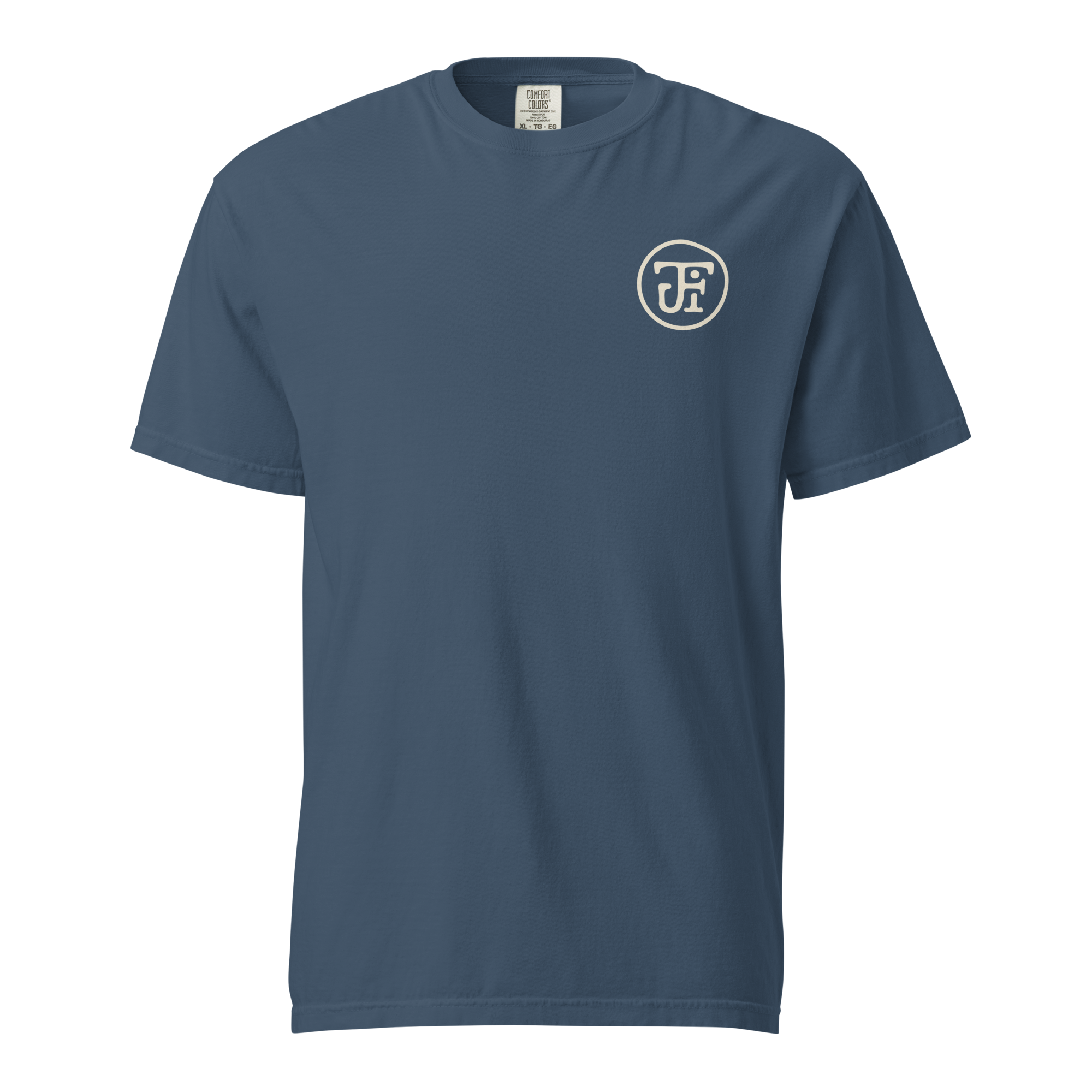 Flow State heavyweight tee, midnight, front — JF monogram chest mark