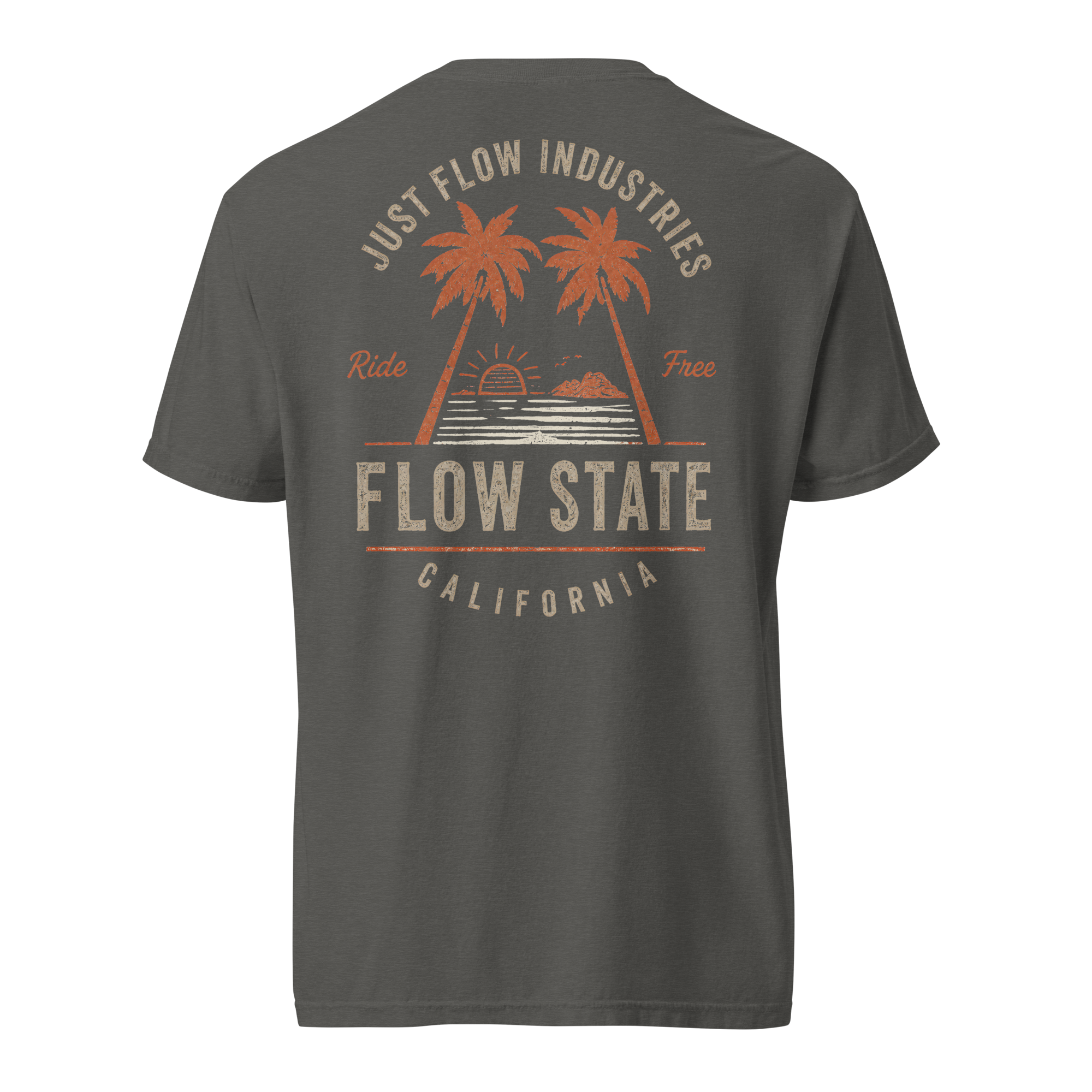 Flow State heavyweight tee, pepper, back — Flow State California print