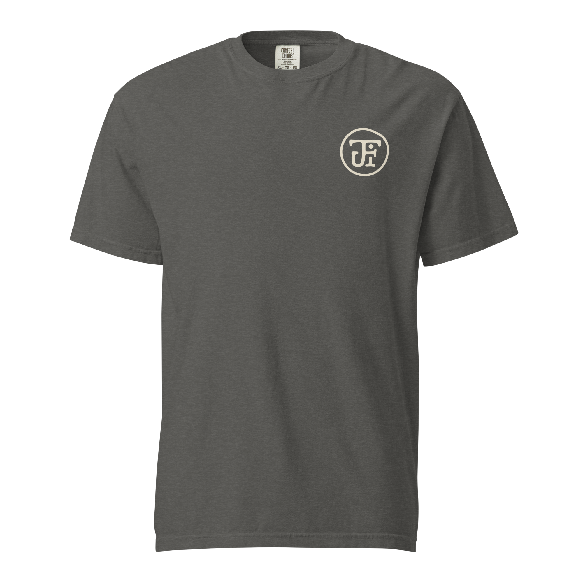 Flow State heavyweight tee, pepper, front — JF monogram chest mark