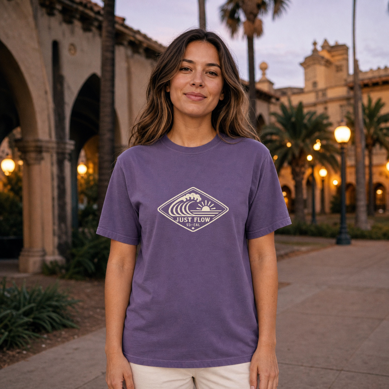 Horizontal Wave Diamond DTF Heavyweight Tee in Grape, lifestyle