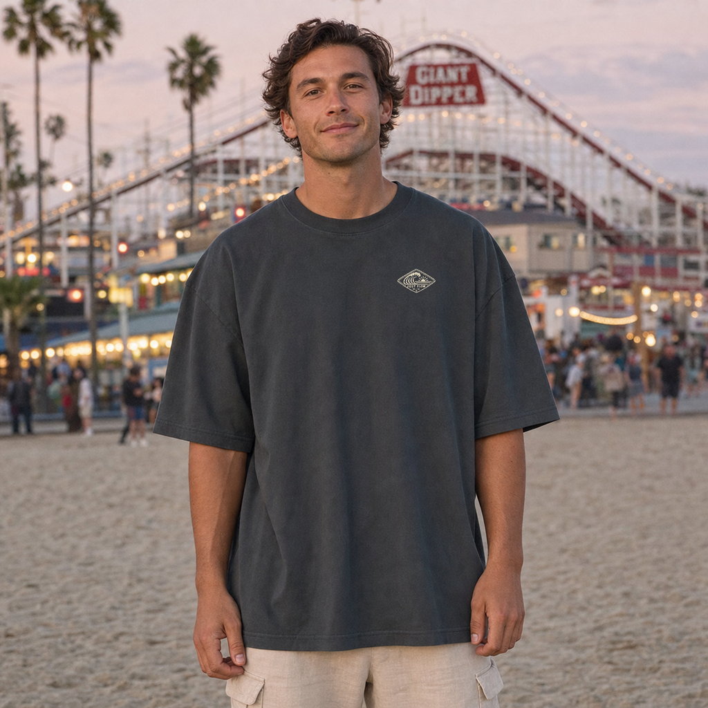 Horizontal Wave Diamond Oversized Tee in Faded Coal, lifestyle