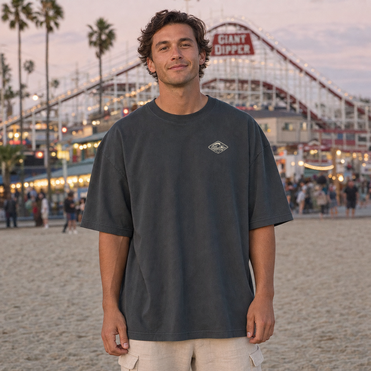 Horizontal Wave Diamond Oversized Tee in Faded Coal, lifestyle