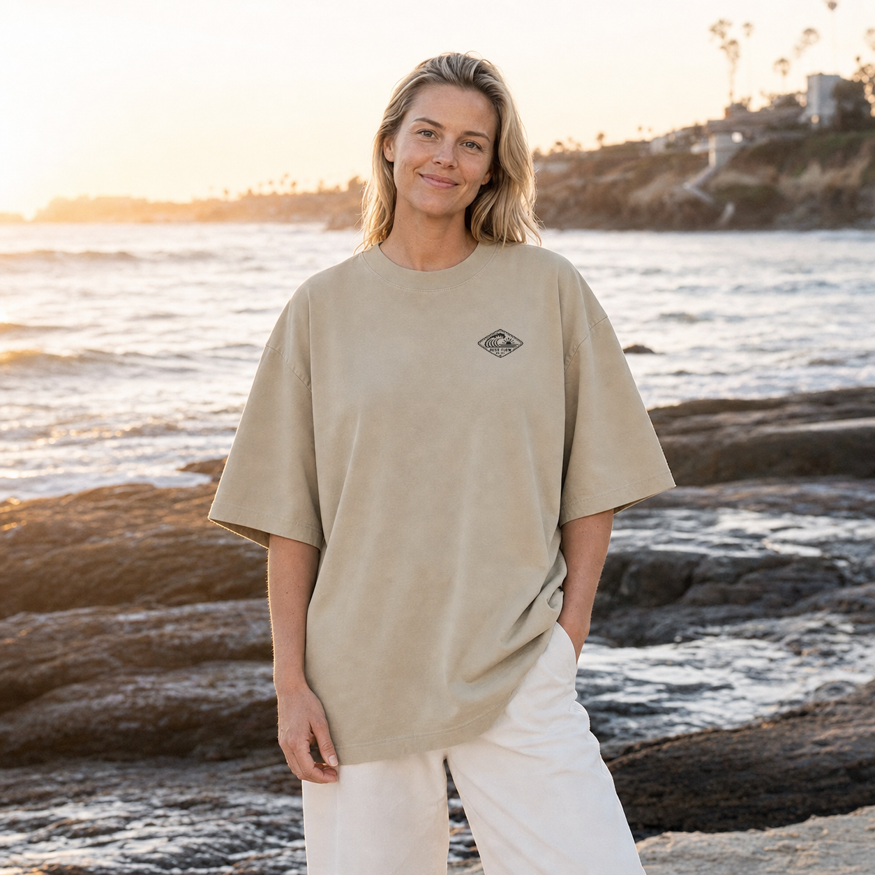 Horizontal Wave Diamond Oversized Tee in Faded Khaki, lifestyle