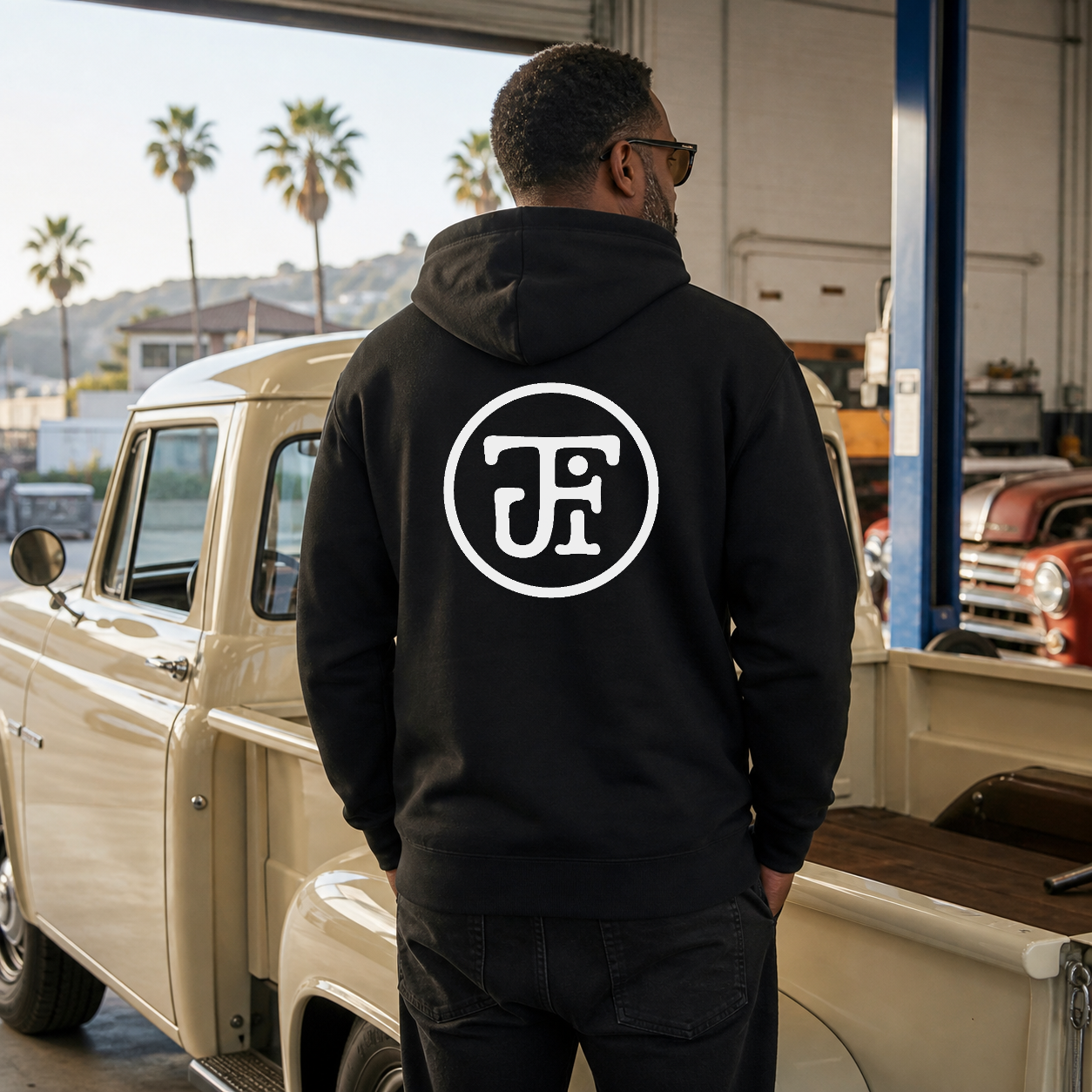 JFI Monogram DTF Hoodie in Black, back graphic