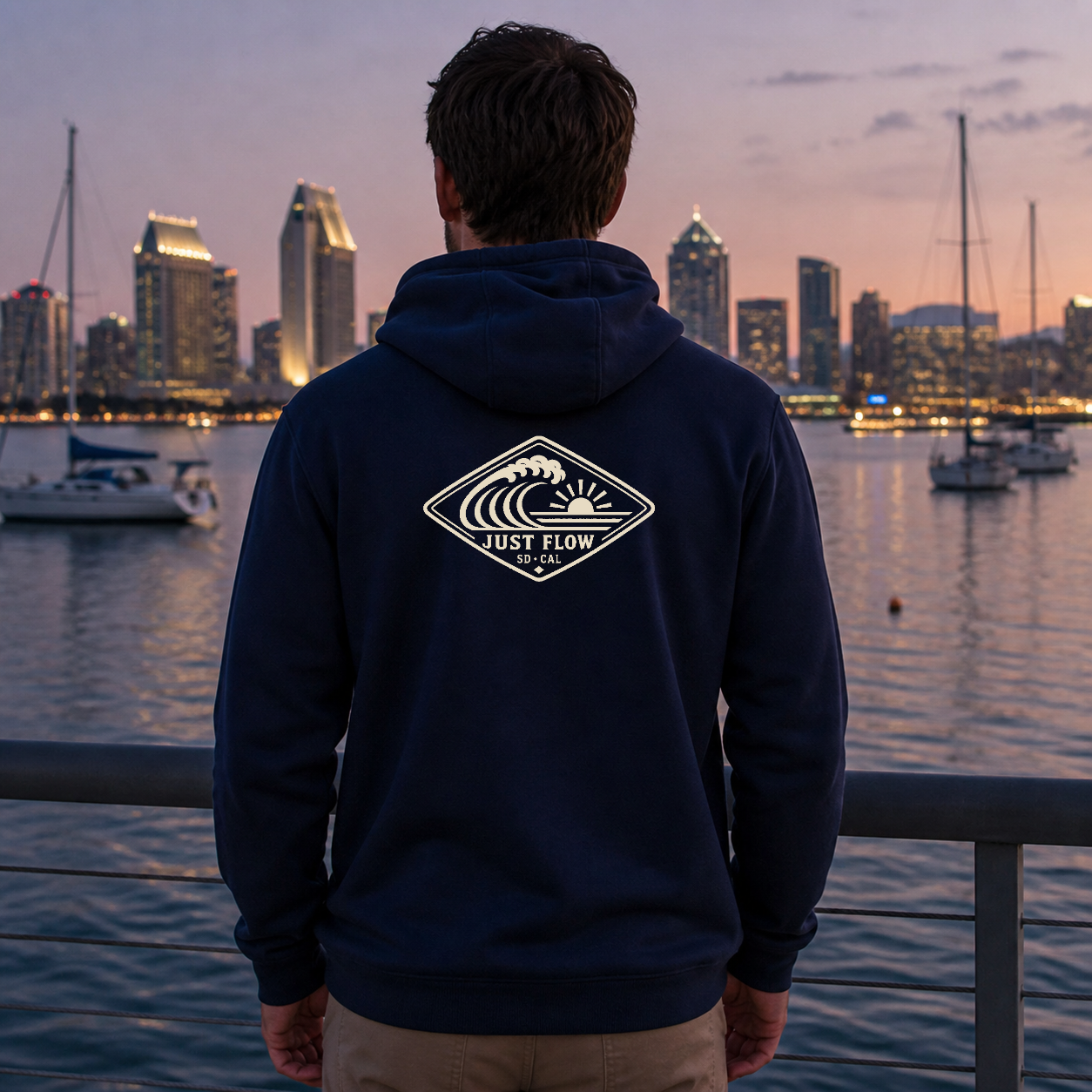 Horizontal Wave Diamond DTF Hoodie in Navy, back graphic