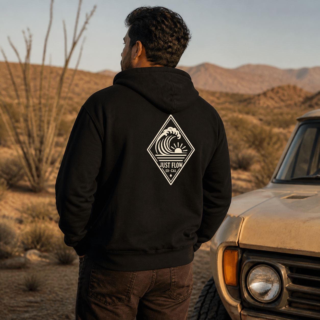 Vertical Wave Diamond DTF Hoodie in Black, back graphic