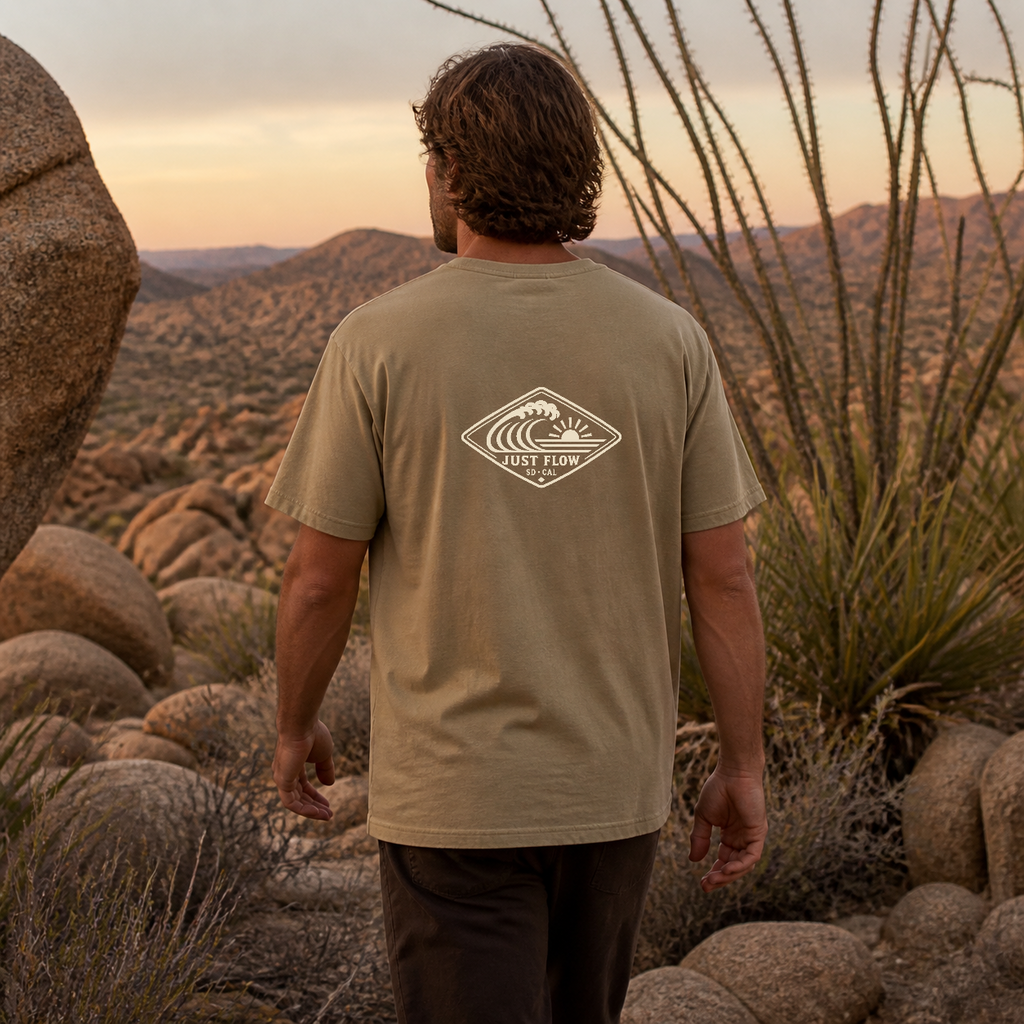 Horizontal Wave Diamond DTF Heavyweight Tee in Khaki, back graphic, desert