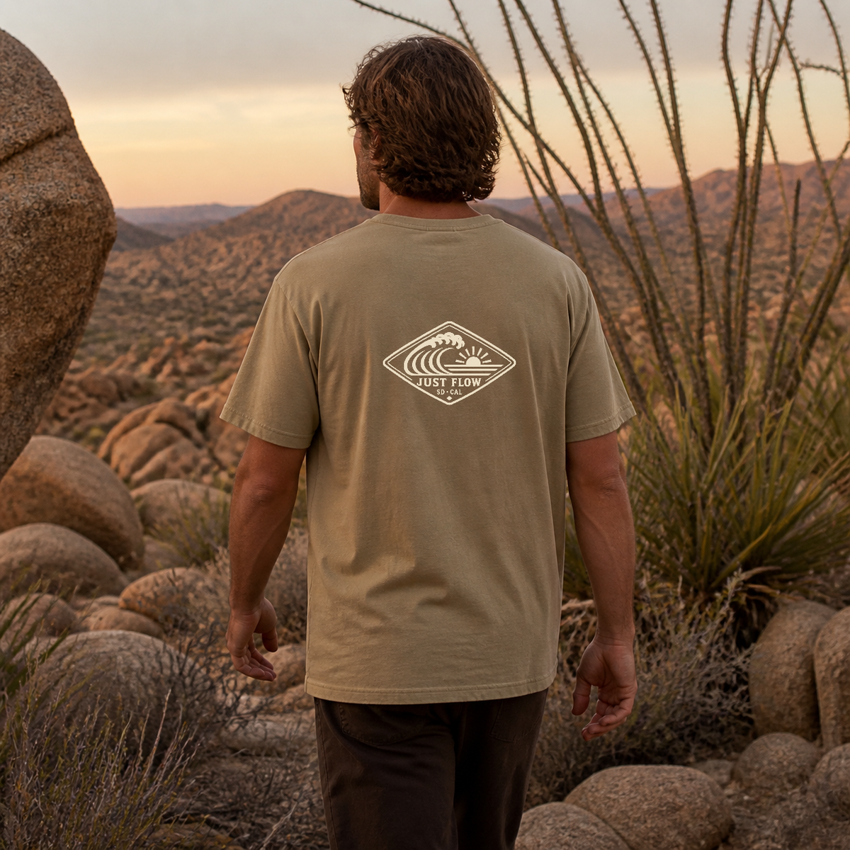 Horizontal Wave Diamond DTF Heavyweight Tee in Khaki, back graphic, desert