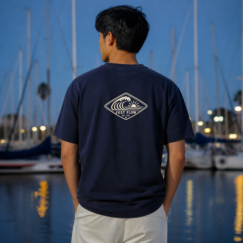 Horizontal Wave Diamond DTF Heavyweight Tee in Navy, back graphic