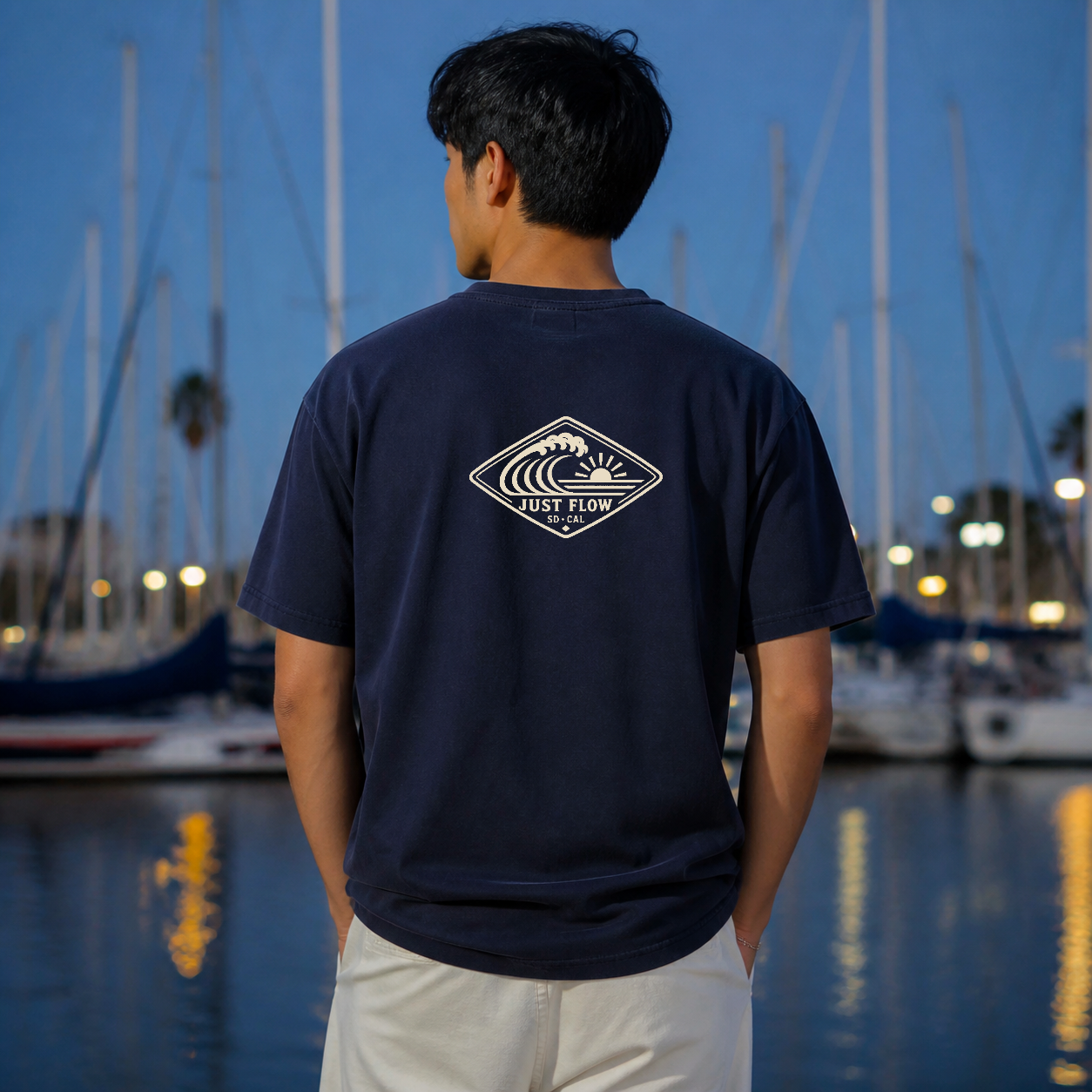 Horizontal Wave Diamond DTF Heavyweight Tee in Navy, back graphic
