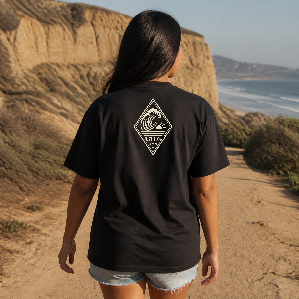 Vertical Wave Diamond DTF Heavyweight Tee in Black, back graphic