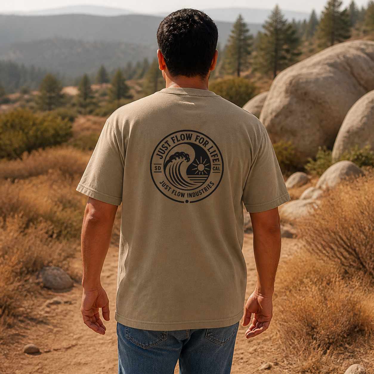 Circular Wave Crest DTF Heavyweight Tee with the black crest in Khaki, back graphic