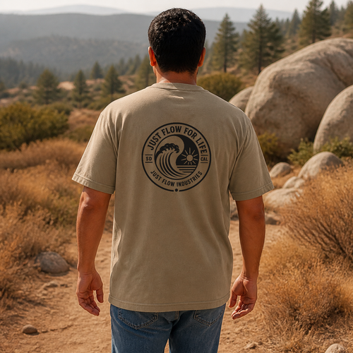 Circular Wave Crest DTF Heavyweight Tee with the black crest in Khaki, back graphic