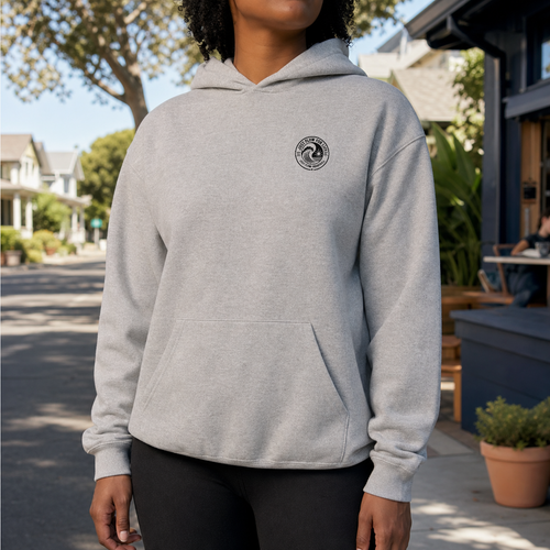 Circular Wave Crest DTF Hoodie with the black crest in Ash, front