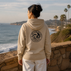 Circular Wave Crest DTF Hoodie with the black crest in Sand, back graphic