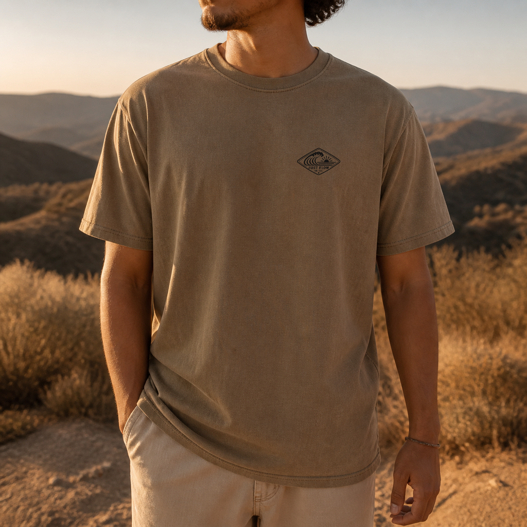 Horizontal Wave Diamond DTF Heavyweight Tee with the black mark in Khaki, front