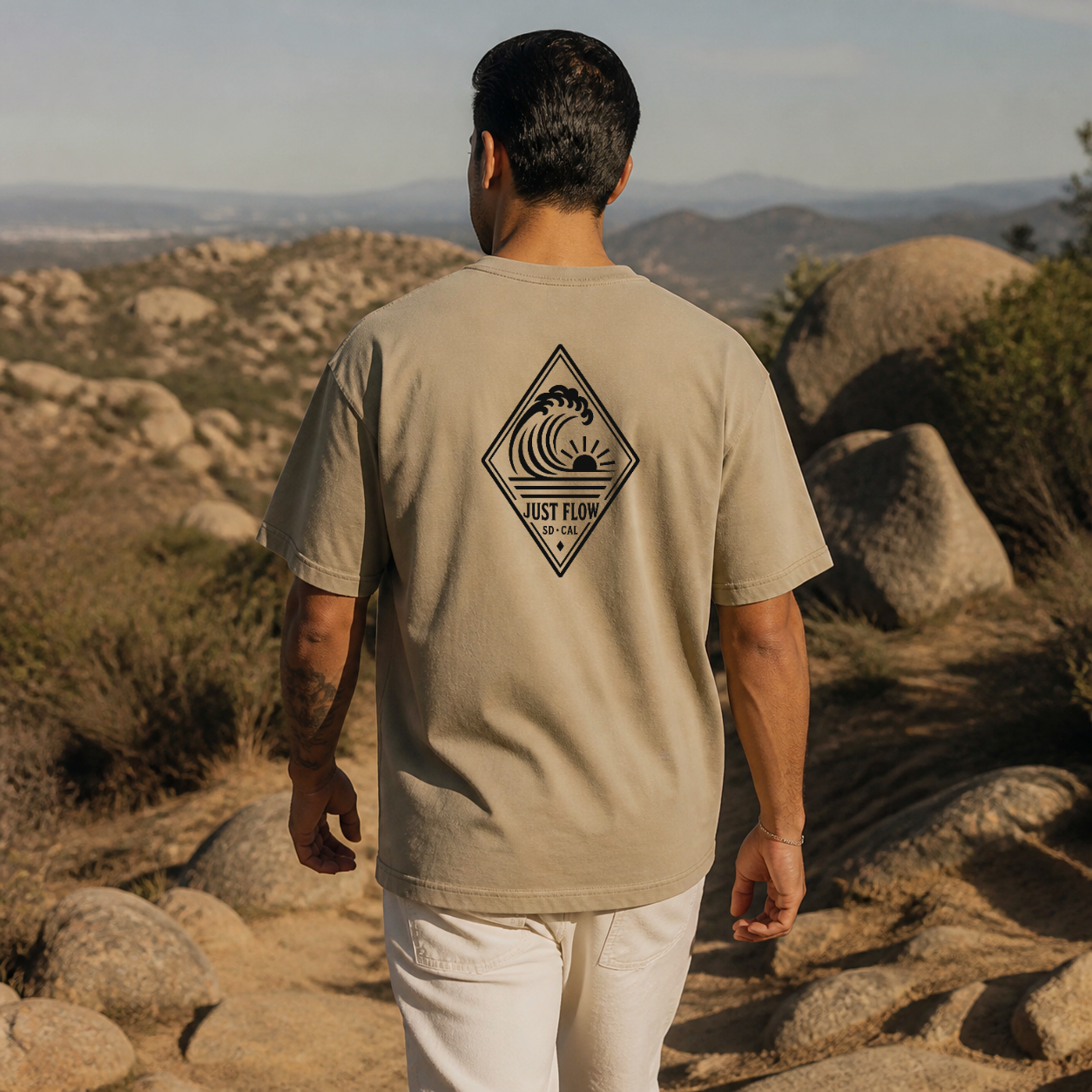 Vertical Wave Diamond DTF Heavyweight Tee with the black mark in Khaki, back graphic