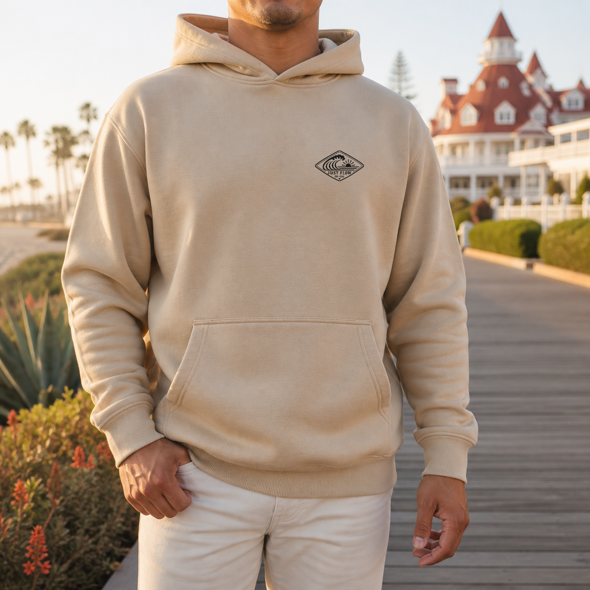 Horizontal Wave Diamond DTF Hoodie with the black mark in Sand, front