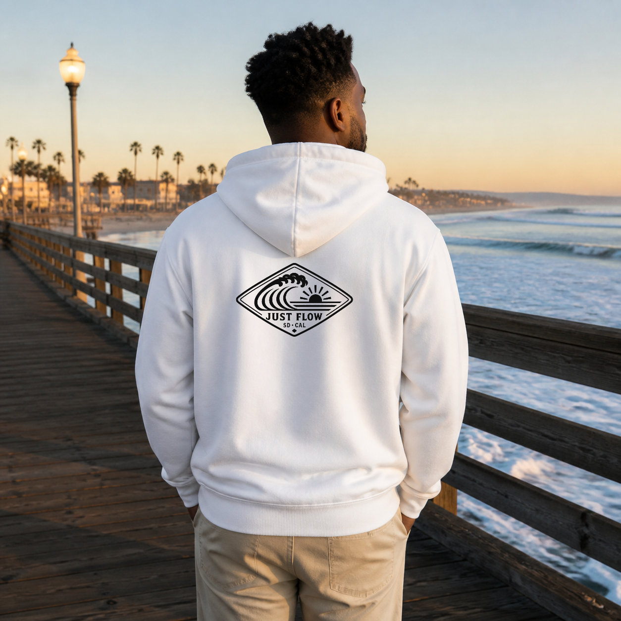 Horizontal Wave Diamond DTF Hoodie with the black mark in White, back graphic