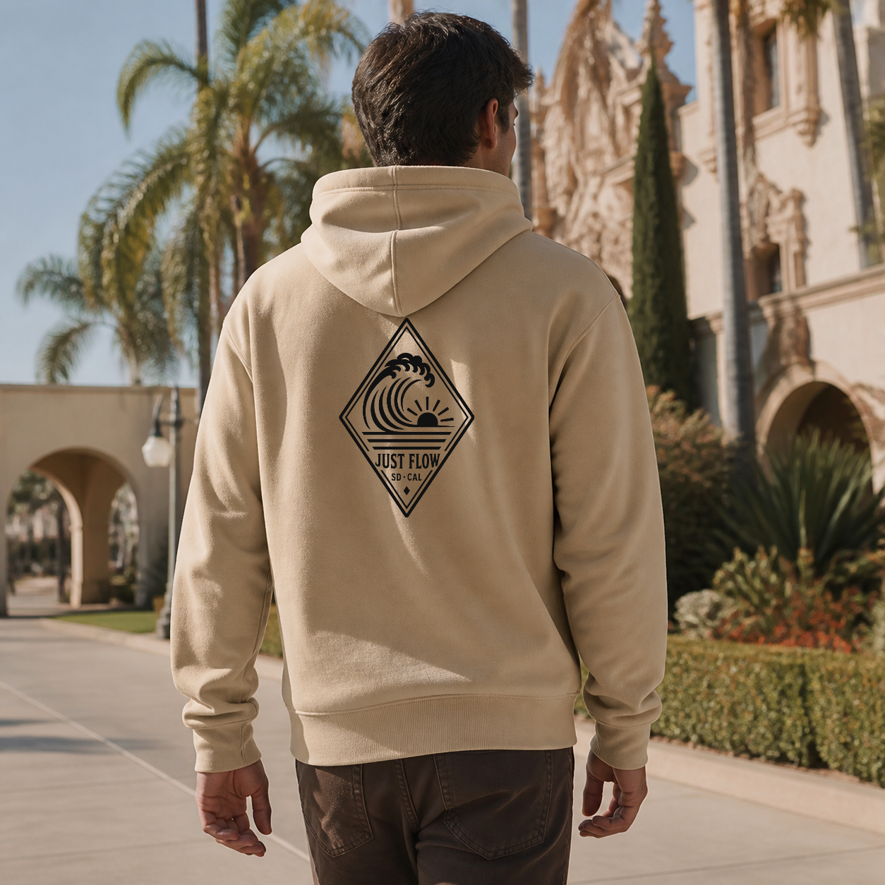 Vertical Wave Diamond DTF Hoodie with the black mark in Sand, back graphic