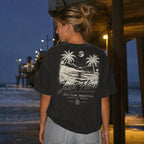 After Dark tee, worn back print under the pier at night