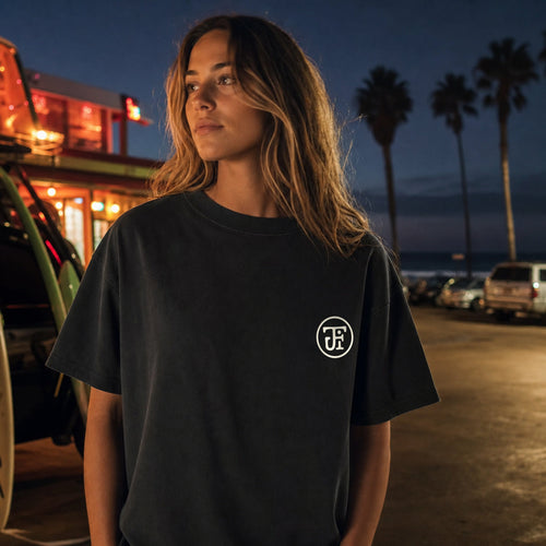 Flow State tee, front monogram in a night surf-lot