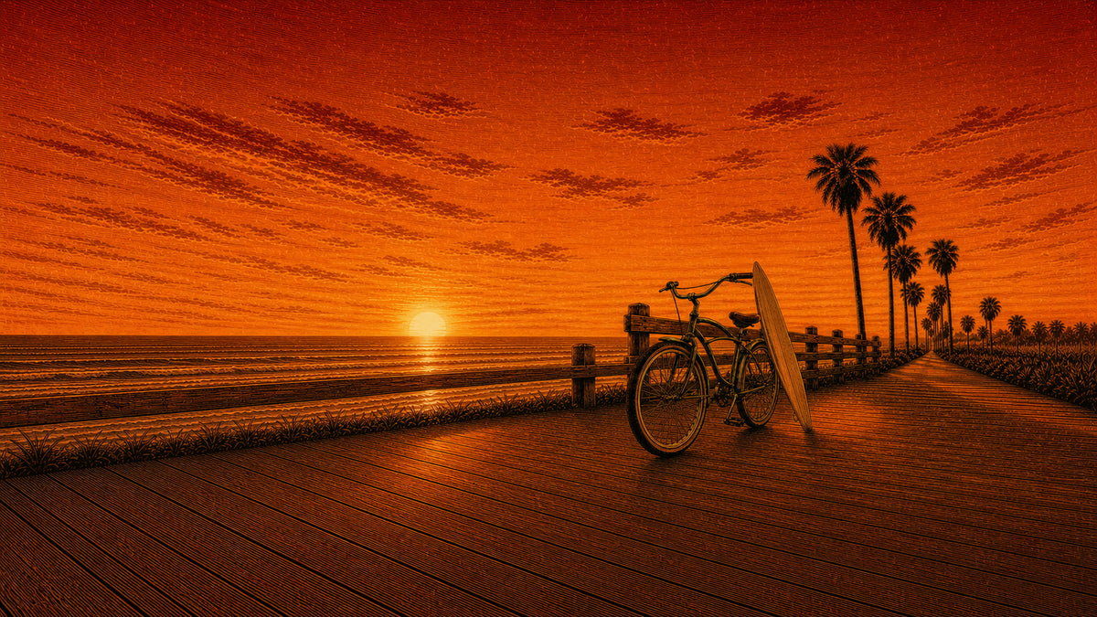 Beach cruiser and surfboard on the boardwalk at sunset, Southern California