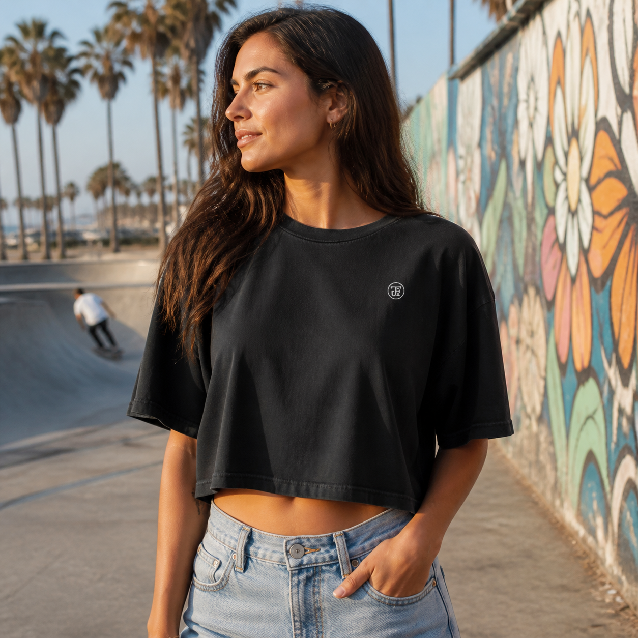 JFI Monogram Cropped Tee in washed black, skate park mural