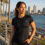 JFI Monogram Fitted Tee in black, San Diego skyline behind