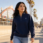JFI Monogram Half-Zip Pullover in navy, Mission Beach boardwalk