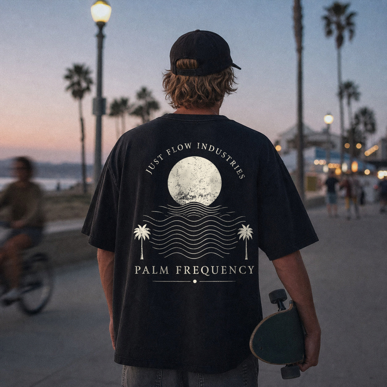 Palm Frequency tee, worn back print on the boardwalk